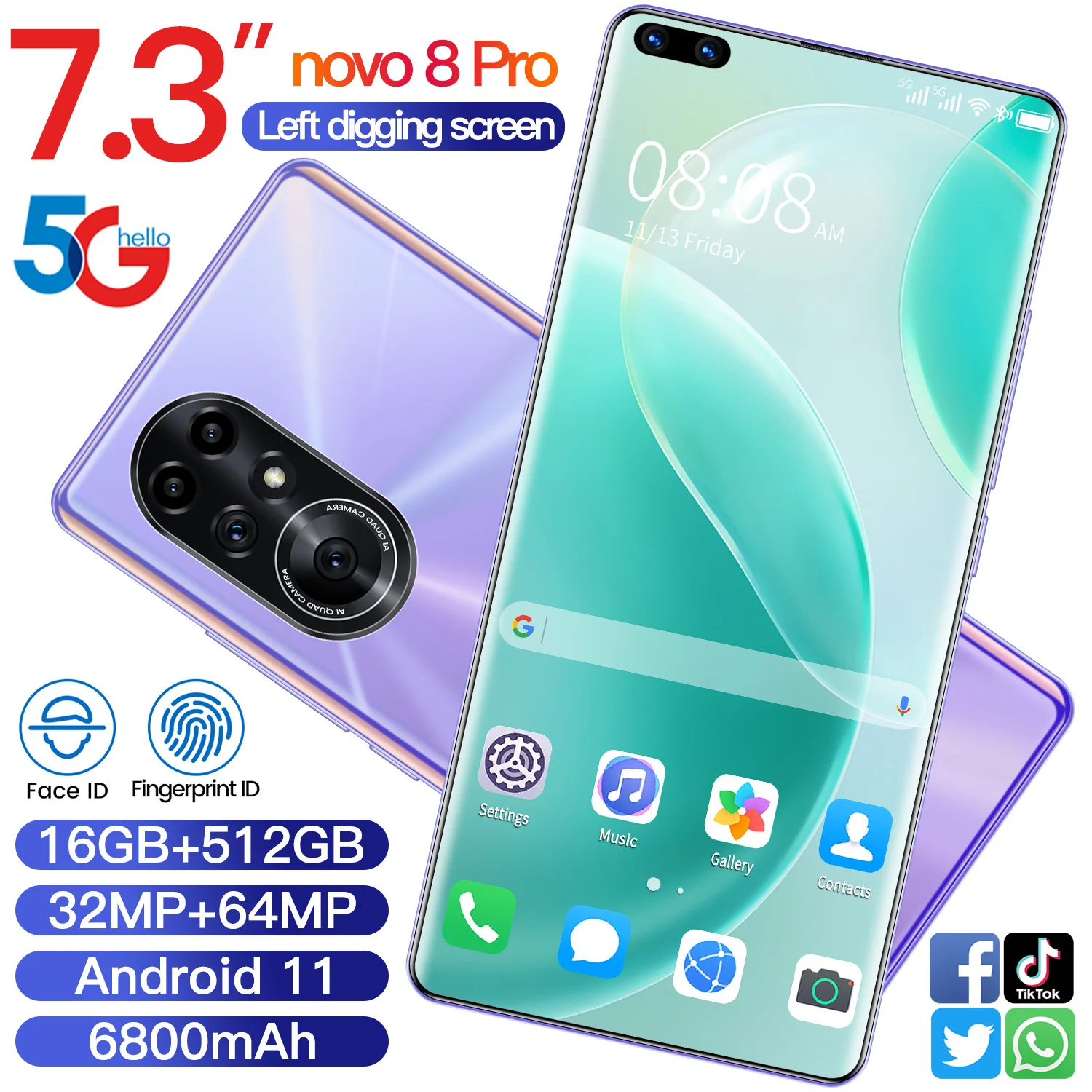 US $87.22 Novo 8 Pro Smartphone 73 Global Unlock HD Full Screen 16GB 512GB Android 110 3264MP Camera 6800mAh Big Battery Smart Phone