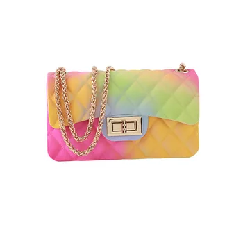 

2019 new female rainbow color jelly bag fashion personality single shoulder small square bag pvc gradient small bag