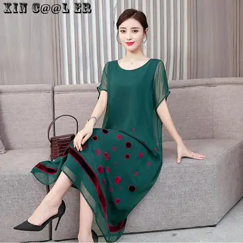 

High Quality 2020 Fashion New Spring Summer Dress Loose Elegant Embroidery Silk Female Women Plus Size Slim Dresses Green Black