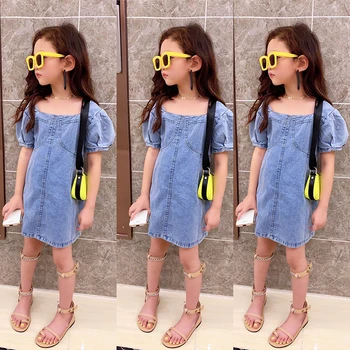 

Summer girls dress Baby denim dress kids vestidos Children fashion clothes streetwear puff sleeve elastic ruched back 3 to 8 yrs
