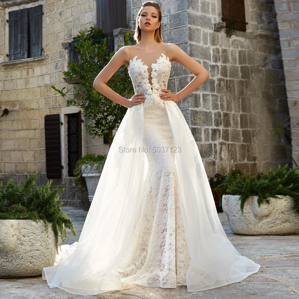 

Mermaid Wedding Dresses Vestido De Noiva O Neck Sleeveless Lace Appliques Detachable Train Backless Bridal Gowns