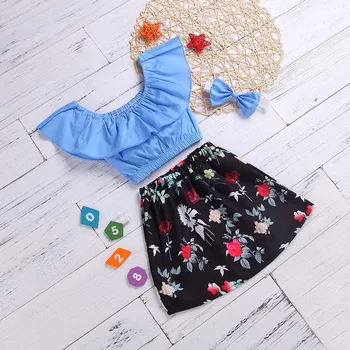 

Baby Girls Tops+Skirt+Headwear Suit Crop Floral Clothing Set for Summer YH-17