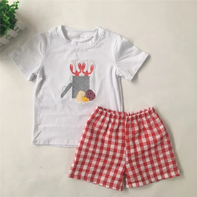 

Puresun New Cute Crayfish Embroidery Boys Summer Outfit Sets Soft cotton shirt with Red Gingham Toddler Girls Summer Boutique