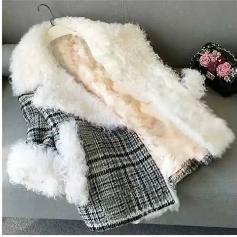 Woman Plaid Woolen Coat Fleece Warm Lamb Blazer Jacket