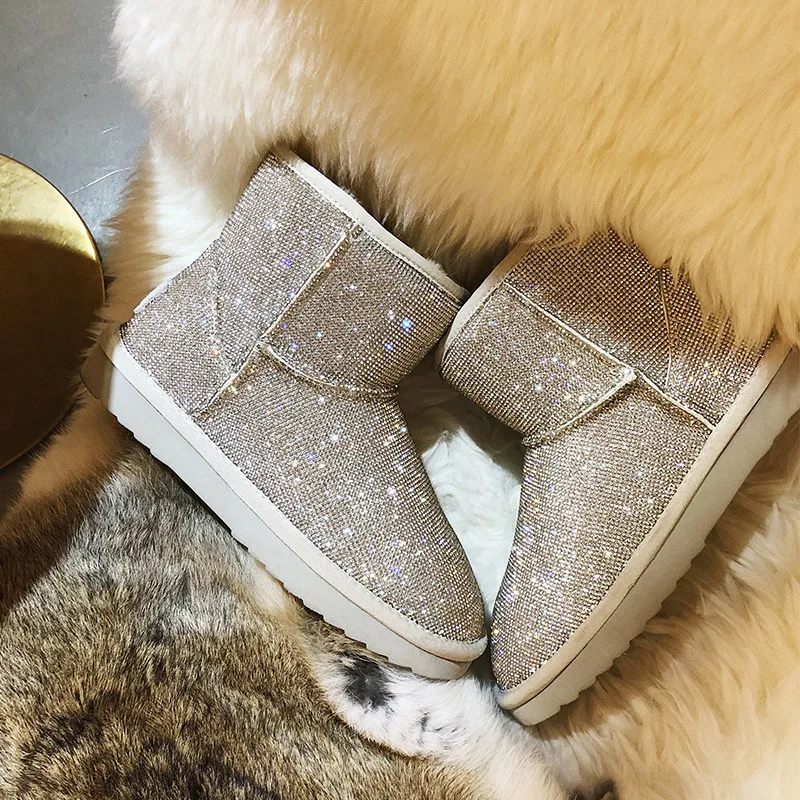 

2018 New Style Winter Man-made Diamond Full of Crystals Snow Boots Women's Short Fur Thick Bottomed plus Velvet Warm Cotton-padd
