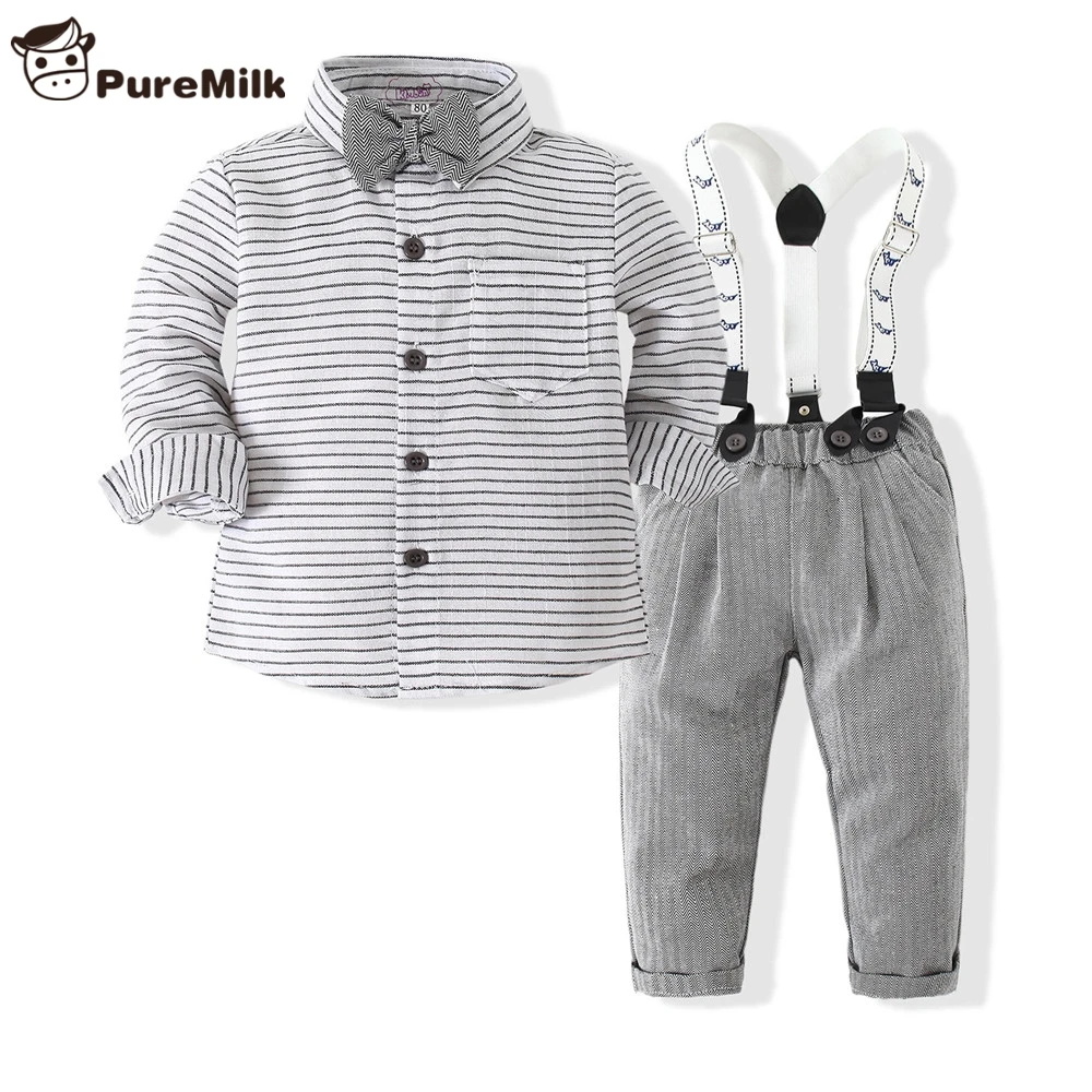Boys Clothes Striped Baby Boy Clothes Shirt With Bow And Overalls Grey