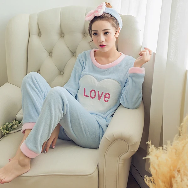R Q lan love Корейские зимние женские пижамы, плотные фланелевые пижамные комплекты с принтом, Толстая теплая Пижама с надписью Love mujer, ночная рубашка для девочек, длинные штаны, одежда для сна - Цвет: R Q lan love