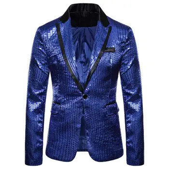

Chic Men Solid Color Lapel Collar Shiny Sequins Slim Blazer Hosting Banquet Coat