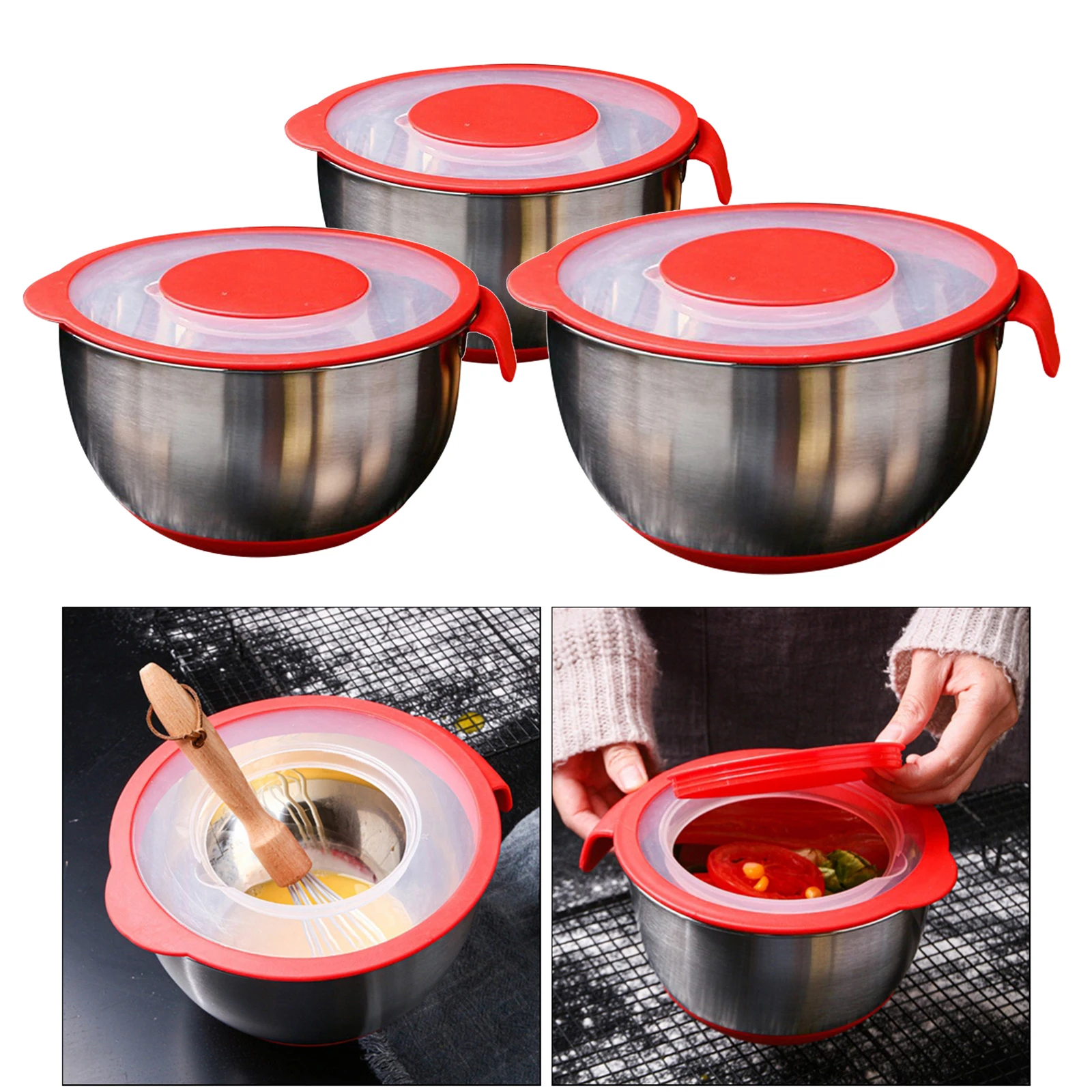 Anti-slip Mixing Bowls Stainless Steel Nesting Bowls Set with Lid & Bottom, Cooking Supplies