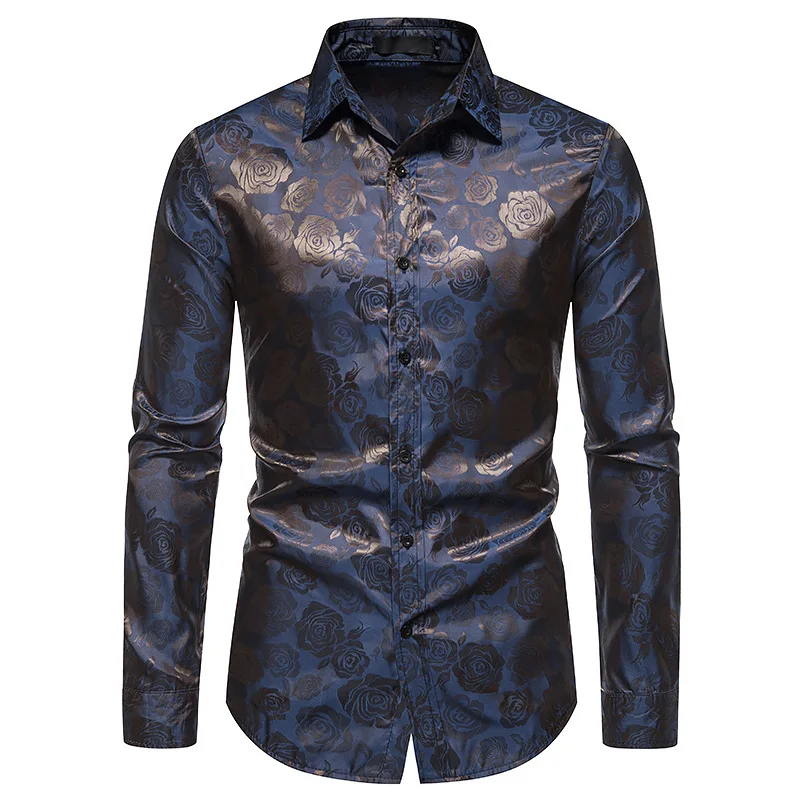 Fashion New Men's Long Sleeve Button Shirt personality Rose Print Casual Shirt Slim Dress Shirt