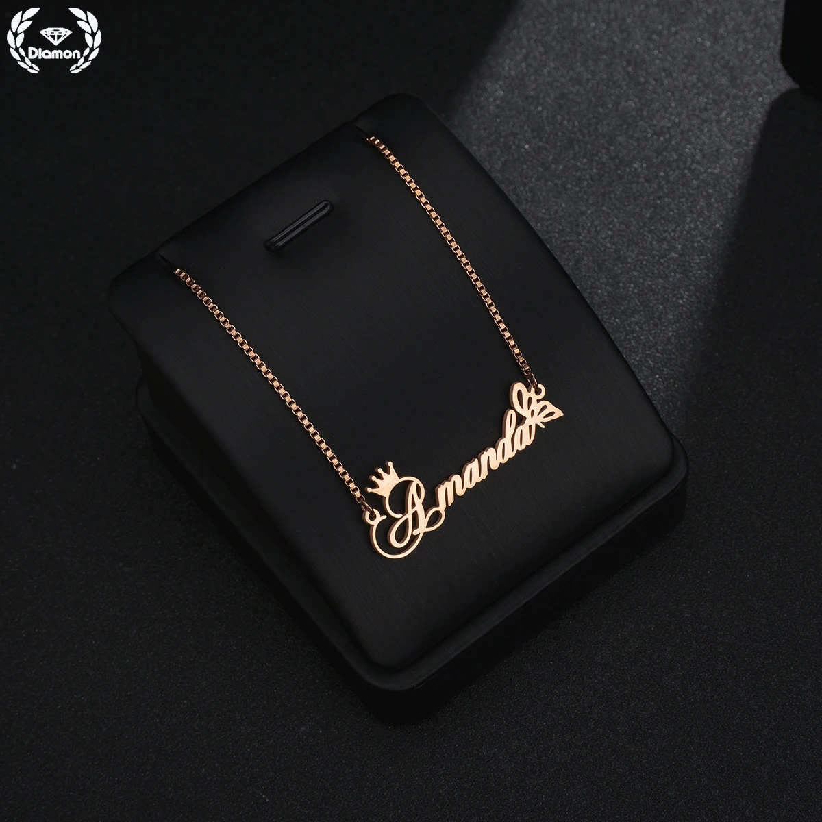 

Diamon Personalized Stainless Steel Necklace For Women Nameplate Custom Name Crown Butterfly Pendant Box Chain Jewelry Gift