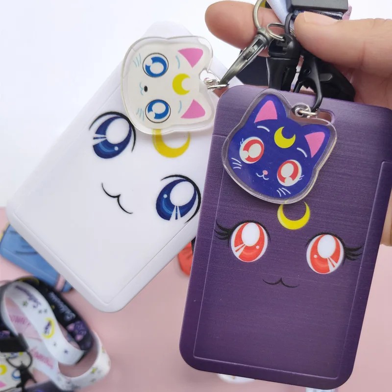 Anime Kawaii Cartoon Moon Cat Lanyard Wristband Credit Card ID Holder Bus Pass Staff Name Tag Badge Holders for Girls