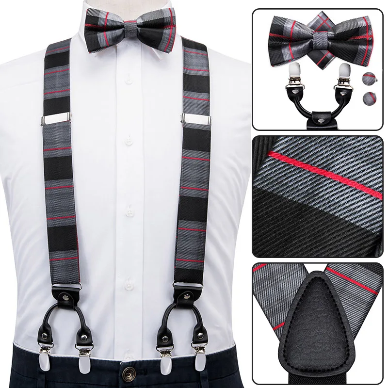 BD-3004 BD-3026 Hi-Tie Шелковый Взрослый мужской галстук-бабочка и подтяжки набор кожаный металлический 6 зажимы подтяжек золотые Однотонные эластичные Свадебные подтяжки для мужчин - Color: BD-3004