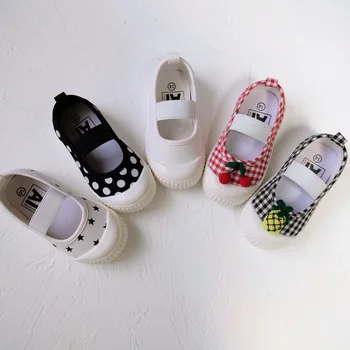 

Girls square mouth shoes cherry wave dot canvas baby toddler shoes kindergarten white shoes