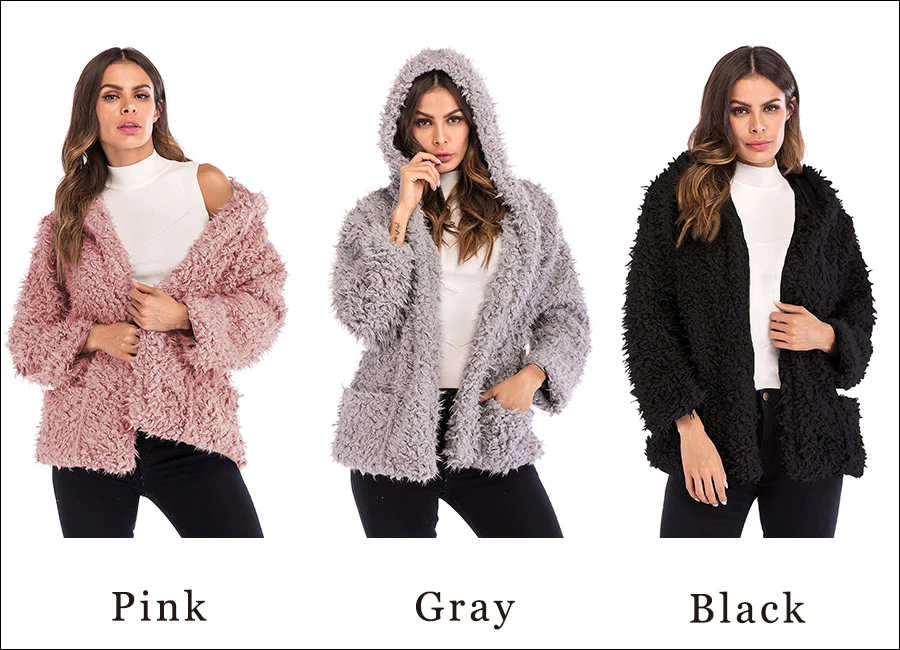 Casual Autumn Winter Teddy Coat Women Long Sleeve Pocket Loose Fluffy Jacket Warm Faux Fur Coat 2019 Short Hooded Overcoat  (10)