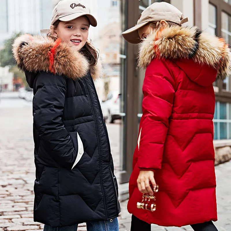 

-30 Degree Winter Down Jacket for Girls Clothes Parka Warm Fur Hooded Coat 2019 New Winter Teen Children Thick Long Outerwear