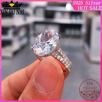 

100% S925 Sterling Silver European and American Four-Claw Big Oval Crystal Gem Diamond Ring Bright Women's Jewellery