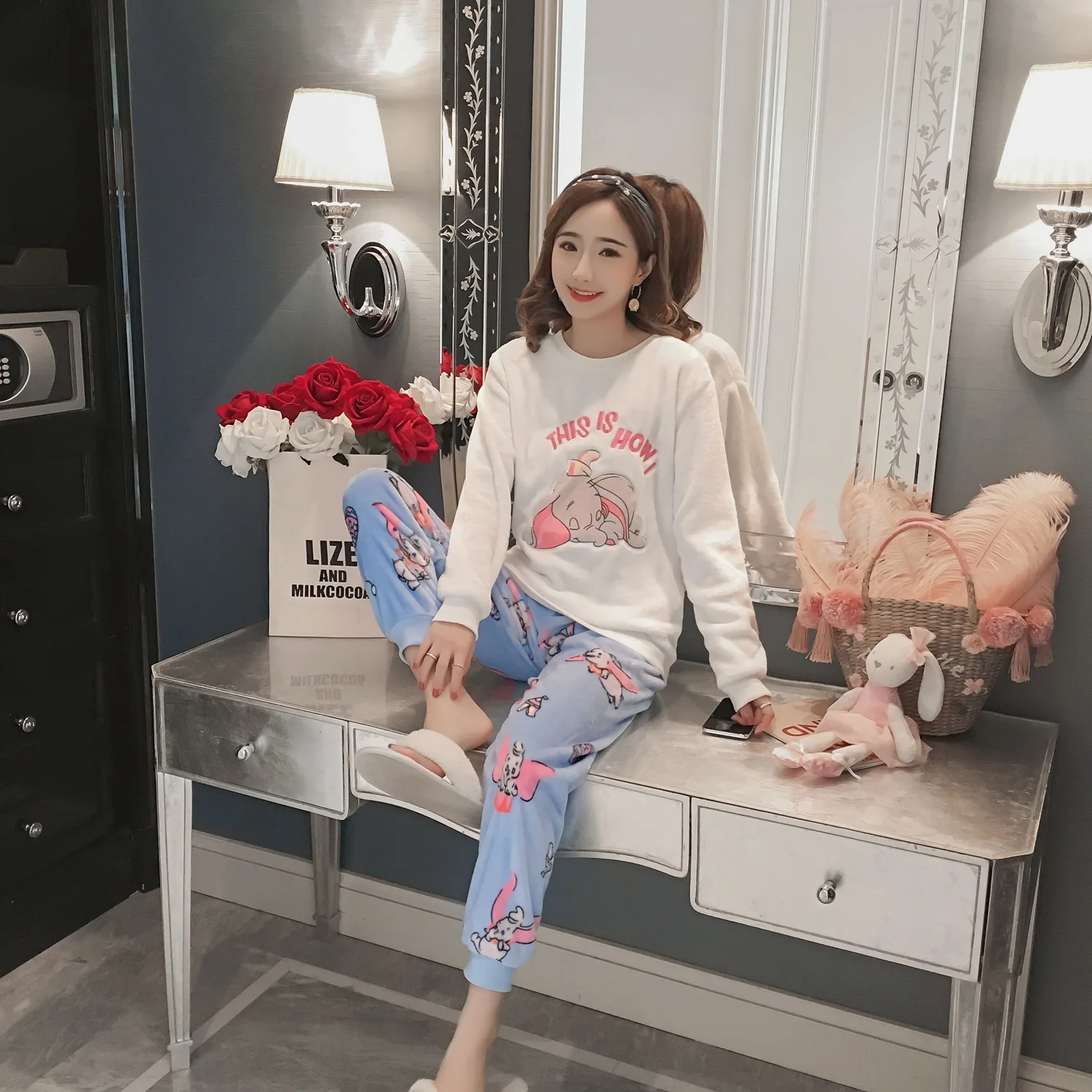 Winter Warm Flannel Women Pajamas Sets Thick Coral Velvet Long Sleeve Cartoon Sleepwear Pijama For Girl Nightwear Pyjama