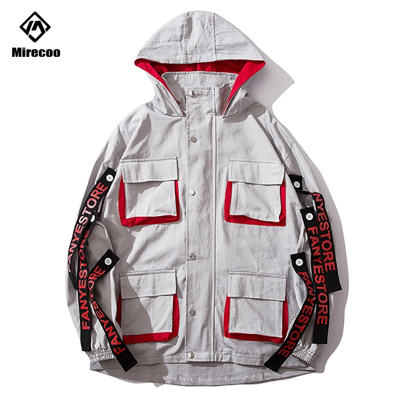 

Mirecoo Jacket Men Multi-Pockets Ribbon Mens Jacket Patchwork Hip Hop Windbreaker Men Jacket Advanced Fashion Coat Streetwear