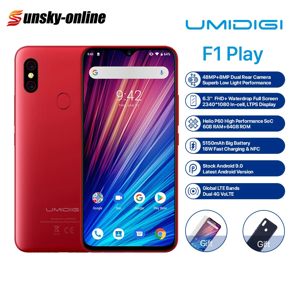 Смартфон UMIDIGI F1 Play Android 9 0 6 3 дюймов полный экран 48MP + 8MP 16MP ГБ 64 две sim карты 4G 5150 мАч