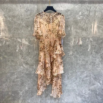

2020 Spring and Summer New Women's Clothing Lining Sling Decorative round Neck Perspective Printing he ye bai Dress 412