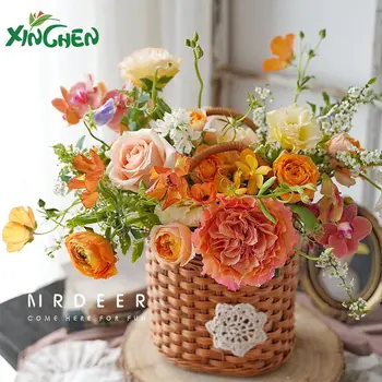 

1pcs Korean Style Embroidered Cotton Lace Rattan Portable Flower Basket with Waterproof Material Art Basket Flower Packaging