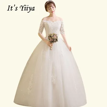 

Half Sleeve Wedding Dress It's Yiiya BR699 Elegant Boat Neck Bridal Dresses Crystal Sequined Vestidos De Novia Lace Wedding Gown