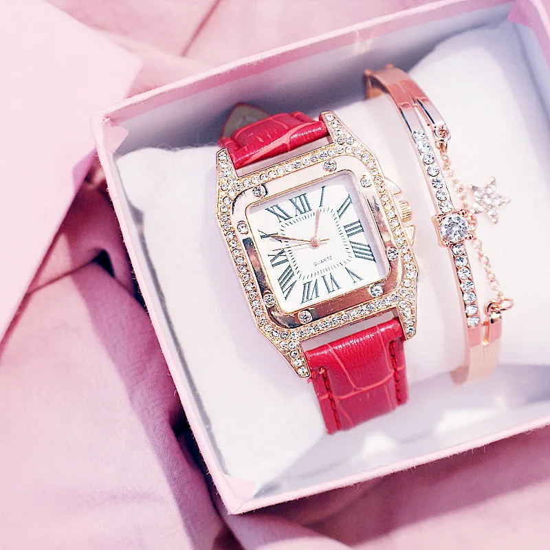 Red and bracelet Женские часы с бриллиантами, Звездные роскошные часы с браслетом, женские повседневные кварцевые наручные часы с кожаным ремешком, женские часы zegarek damski - Цвет: Red and bracelet