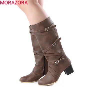 

MORAZORA 2020 new arrival women mid calf boots zip buckle round toe autumn high heels boots comfortable fashion shoes ladies