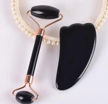 

Facial Jade Roller Gua Sha Set No Squeak Natural Obsidan Roller Face Massager Guasha Massage Board for Slimming Tightening