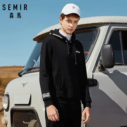 SEMIR, мужская толстовка с капюшоном на флисовой подкладке с принтом, пуловер с карманом-кенгуру, толстовка с капюшоном на шнурке, трикотажная резинка на манжетах и подоле - Цвет: black