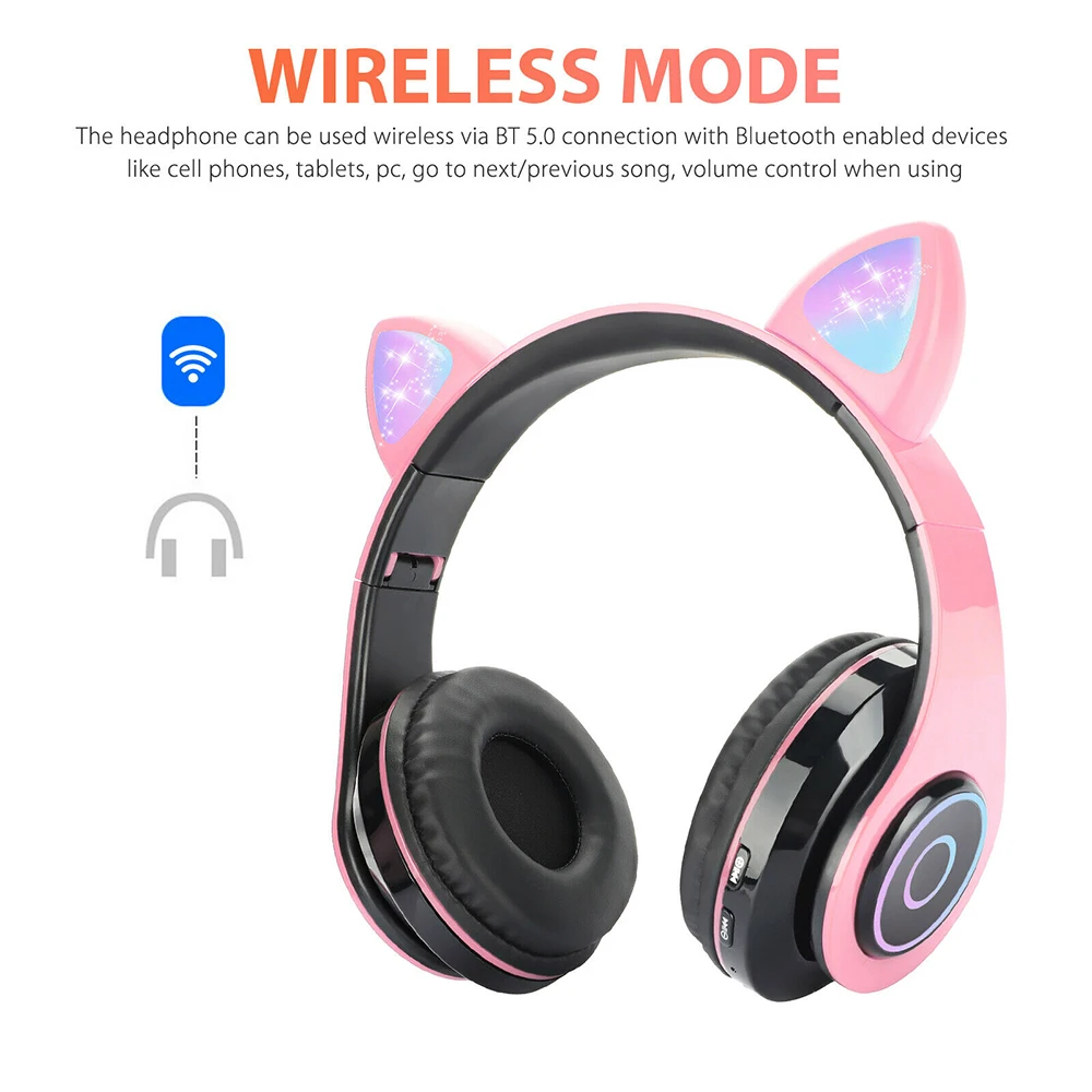 Bluetooth 5 0 Wireless Wired LED Cat Ear Headset Noise Cancelling Headphones w Mic Headphone Support TF Card For Kids Girls