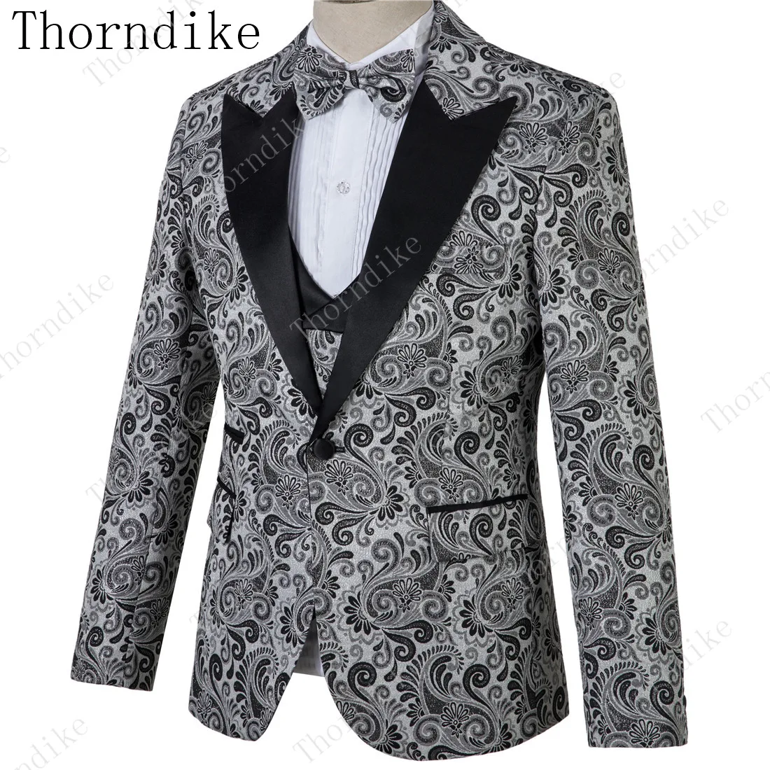 Thorndike нежный мужской костюм черный Паттер для официального торжества выпускного вечера Свадебный костюм Bridegoom высокого качества(куртка+ жилет+ брюки) 5XL