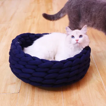 

High Density Handmade Knitted Pet Dog Bed Cattery round Pet Pad Solid Color Dogs Cats House Machine Washable Pet Supplies