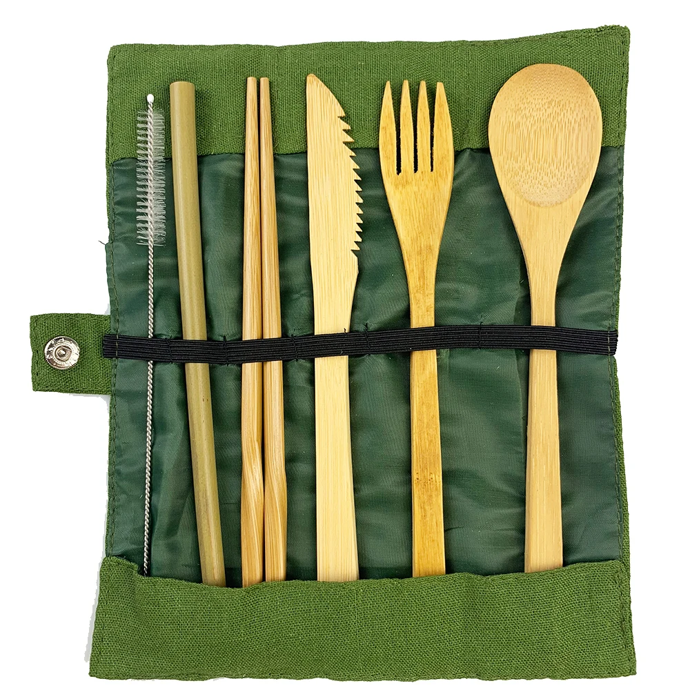 Деревянные столовые приборы набор столовых приборов бамбуковая соломенная столовая посуда набор с тканевой сумкой ножи вилка ложка посуда палочки для еды дорожный инструмент - Цвет: Green