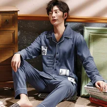 Spring Autumn Men's Cotton Pajamas Letter Striped Sleepwear Cartoon Pajama Sets Casual Sleep&Lounge Pyjamas Plus Size 2XL Pijama