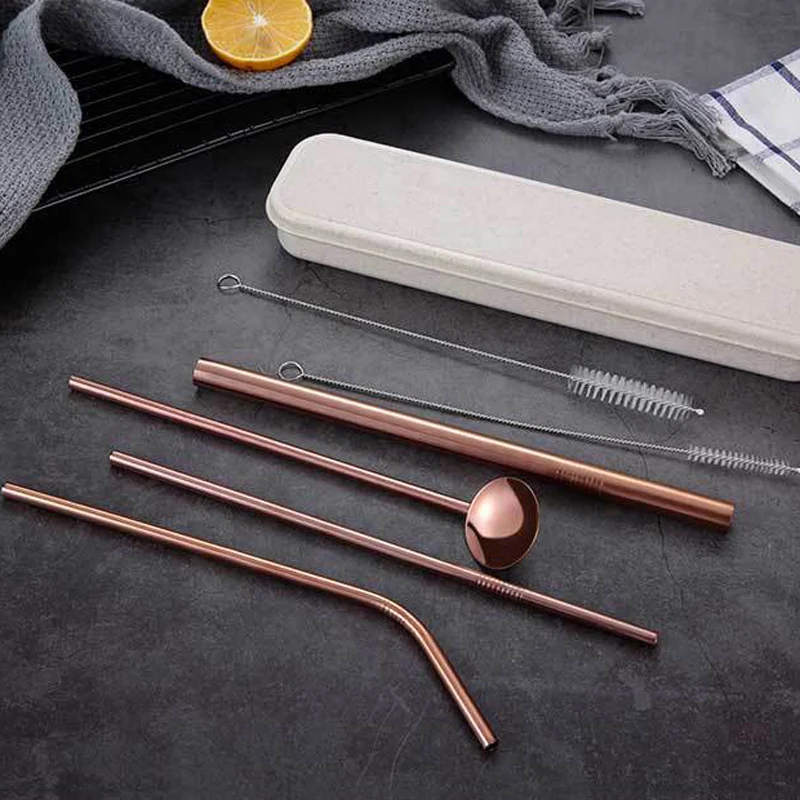 Rose Gold Tofok 7 шт. экологически чистые нержавеющая сталь изогнутый прямой металлический соломинки ложка щетка для чистки с коробкой набор барных аксессуаров отель Вечерние - Цвет: Rose Gold
