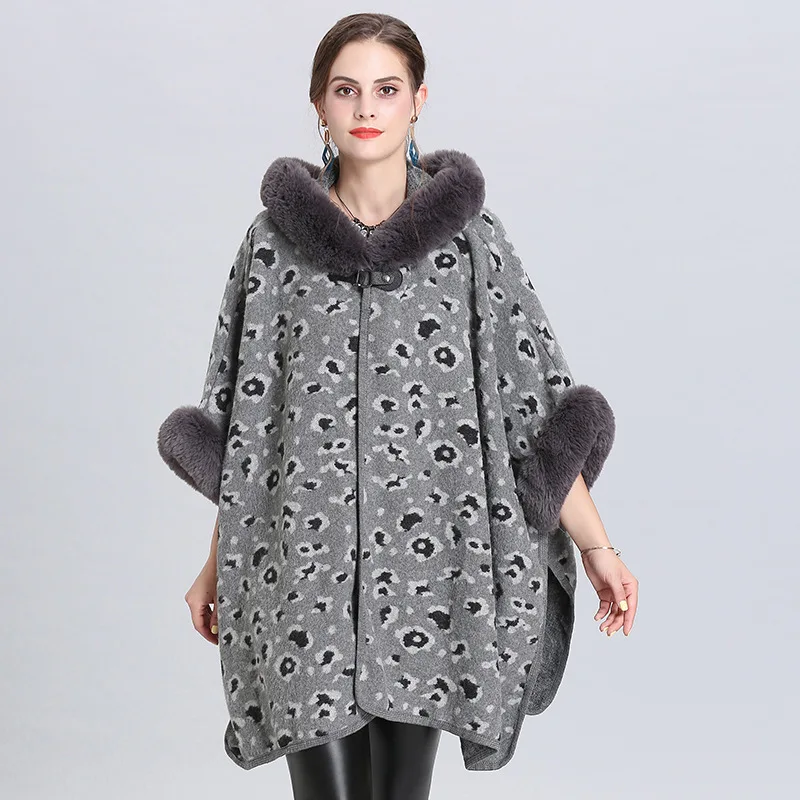 Женское пальто с капюшоном SWONCO Ponchos леопардовое повседневное искусственным