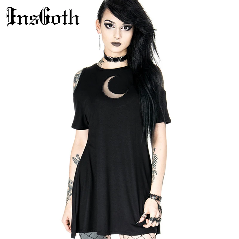 Baratos InsGoth Casual sólido negro vestido mujeres Harajuku Grunge gótico Punk Vintage fuera del hombro femenino elegante Mini vestido de fiesta