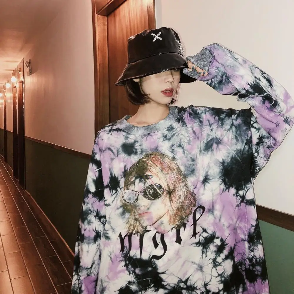 Трендовый дом панк tie dye Топ Женская Новая осень корейский Свободный пуловер bf с длинным рукавом свитшоты толстовки