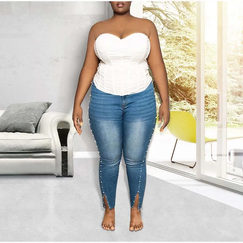 Plus Size Side Pearl Beading Stretch 