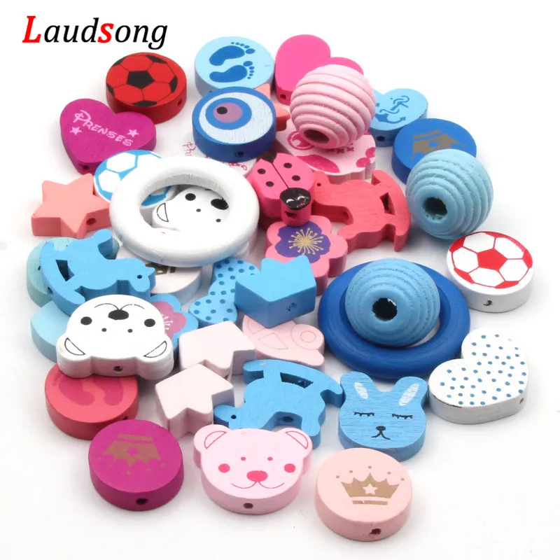 

30pcs Random Mixed Style Cartoon Wooden Beads For Jewelry Making Diy Creative Baby Pacifier Chain Accessories 12-33mm