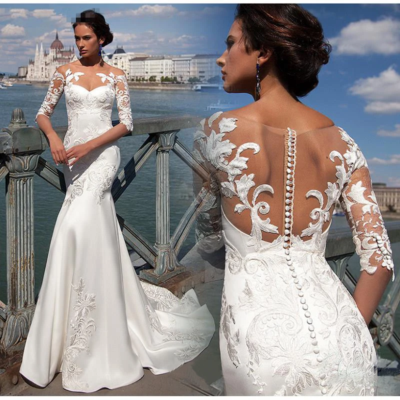

Vestido De Noiva Mermaid Wedding Gowns 2020 Applique Lace Satin Wedding Dresses Sheer Illusion Handmade Bride Dress