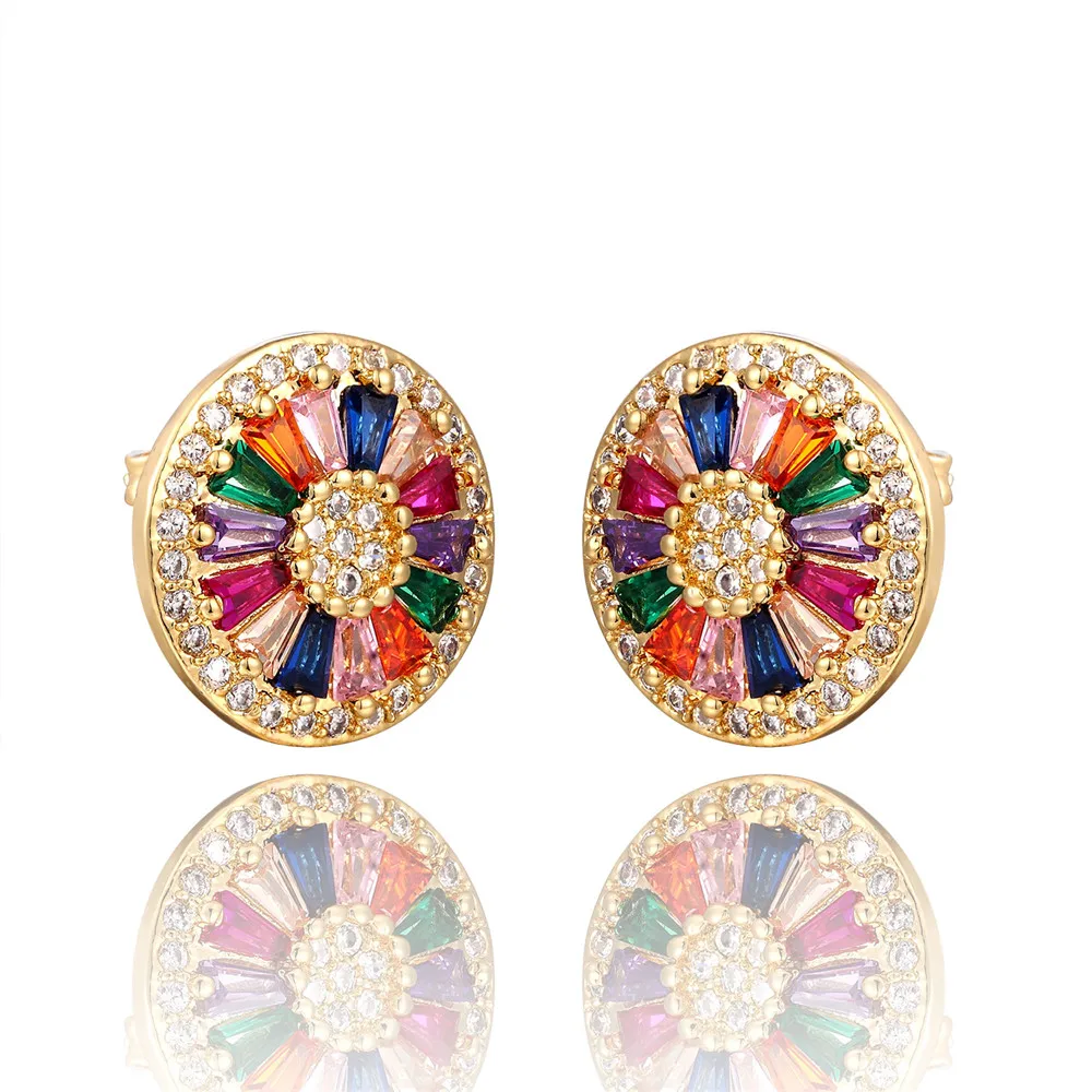 INS Rainbow zircon Stud Earrings jewelry for Women gold cz Earrings star love smile circle flower Earrings best gift - Окраска металла: E1208