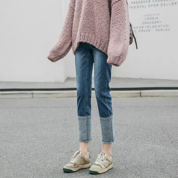 

New Fashion High Waist Women Jeans Boyfriend Straight Pants Blue Slim Ankle Length Jeans Trousers Female Patchwork Skinny Jeans