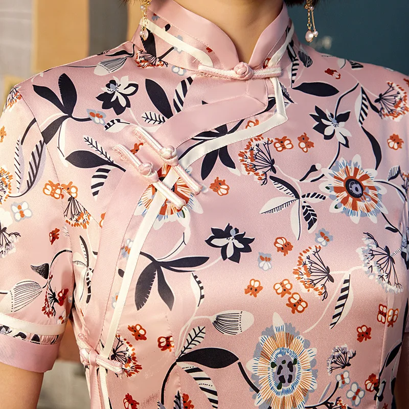 Розовые шелковые платья женские вечерние платья Cheongsam короткое улучшенное винтажное традиционное китайское платье розовое цветочное шоу Qipao