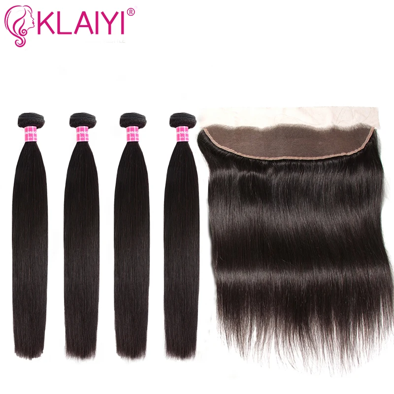

Klaiyi Hair Peruvian Straight Bundles With Frontal 100% Human Hair Bundles With Closure 4 Bundles Remy Hair Weave