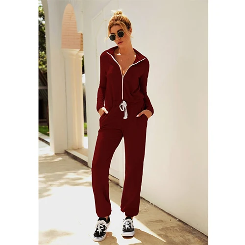 winered Однотонный комбинезон с завязками на молнии с отворотом, повседневный женский спортивный костюм - Цвет: winered