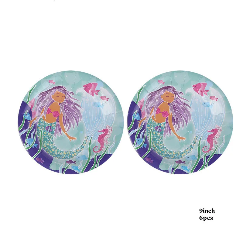 plate 9inch Русалочка, украшения для дня рождения, Детская одноразовая посуда, бумажный стаканчик, тарелки, тканевая скатерть, соломинки, товары для девочек - Цвет: plate 9inch