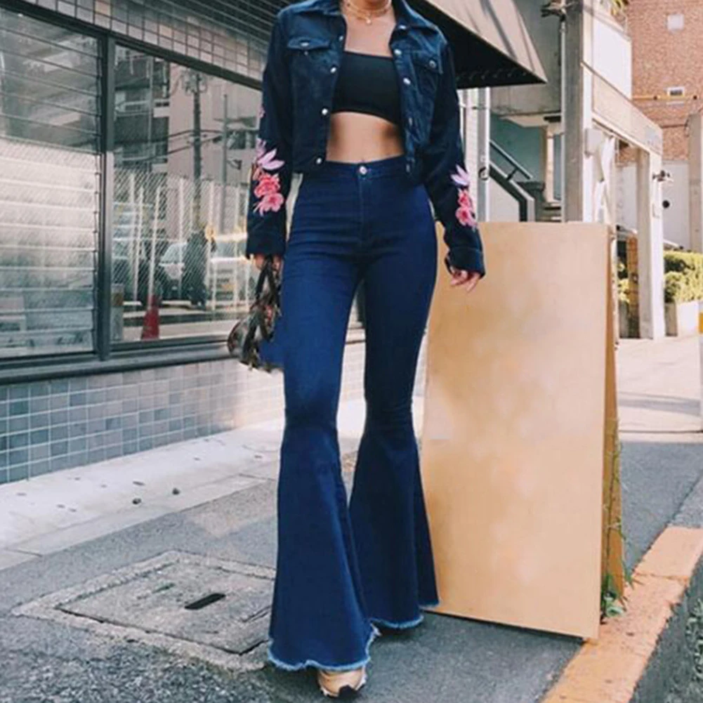 Модные женские туфли однотонные Цвет пикантные Высокая талия тонкая одежда для девочек с брюками-клеш джинсовые штаны брюки для Для женщин джинсы